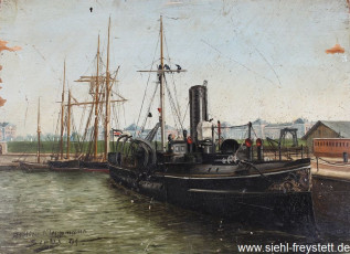 WV-Nr. 306, Wilhelmshaven, Am Anleger, 1891, Öl auf Holz, 21 cm x 15,6 cm, Privatbesitz