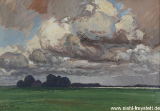 WV-Nr. 328, Unbekannter Ort, Wolken in der Marsch, 1918, Gouache, 49 cm x 34,5 cm, Gemäldesammlung Stadt Wilhelmshaven