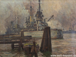 WV-Nr. 341, Wilhelmshaven, Kriegsschiffe, 1918, Öl auf Leinwand, 60 cm x 46 cm, Gemäldesammlung Stadt Wilhelmshaven