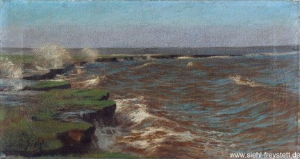 WV-Nr. 214, Wilhelmshaven, Stürmischer Ostwind am Banter Groden, 1900-1910, Öl auf Leinwand, 48,2 cm x 26 cm, Privatbesitz