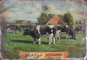 WV-Nr. 349, Unbekannter Ort, Gehöft mit Kühen auf der Weide, um 1900, verm. Öl auf Leinwand, 48 cm x 34 cm, gedruckt auf Werbeblechschild
