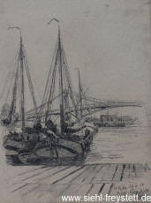 WV-Nr. 355, Wilhelmshaven, Boote vor der Kaiser-Wilhelm-Brücke, 1910, Zeichnung, 29 cm x 38 cm, Privatbesitz