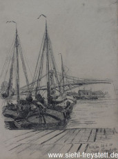 WV-Nr. 355, Wilhelmshaven, Boote vor der Kaiser-Wilhelm-Brücke, 1910, Zeichnung, 29 cm x 38 cm, Privatbesitz