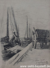 WV-Nr. 356, Wilhelmshaven, Boote und Fuhrwerk am Handelshafen, 1910, Zeichnung, 29 cm x 38 cm, Privatbesitz