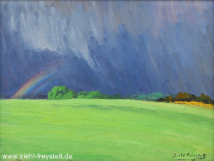 WV-Nr. 368, Unbekannter Ort, Wiesenlandschaft mit Regenbogen, 1900-1919, Öl auf Malpappe, 48 cm x 38 cm, Privatbesitz