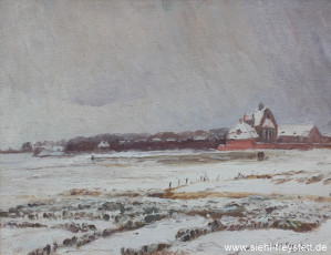 WV-Nr. 376, Wilhelmshaven, Friedhofskapelle im Schnee, 1900-1919, Öl auf Karton, 44 cm x 34,5 cm, Privatbesitz