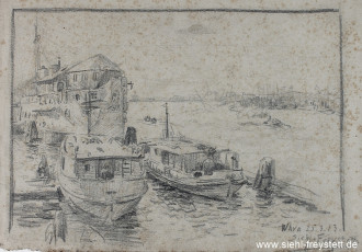 WV-Nr. 389, Wilhelmshaven, Wohnschiff Hulk Leipzip an der Nord-Gazellen-Brücke, 1913, Bleistift auf Papier, 38 cm x 28 cm, Privatbesitz