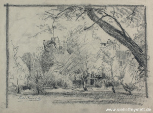 WV-Nr. 390, Wilhelmshaven, Stationgebäude im Park, 1900-1919, Bleistift auf Papier, 36 cm x 27 cm, Privatbesitzu