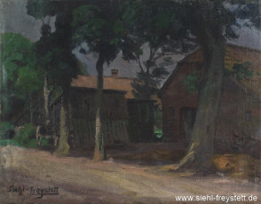 WV-Nr. 400, Unbekannter Ort, Hof an einer Dorfstraße, 1900-1919, Öl auf Leinwand, 44,3 cm x 34,3 cm, Privatbesitz