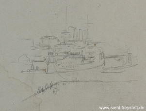 WV-Nr. 404, Skizze zum Schnelldampfer Kaiser Wilhelm der Große, 1900 - 1919, Bleistift auf Papier, 15 cm x 10 cm, Privatbesitz