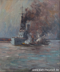WV-Nr. 407, Unbkannter Ort, Kriegsschiff mit Schleppern, 1917, Öl auf Pappe, 25,5 cm x 30 cm, Privatbesitz