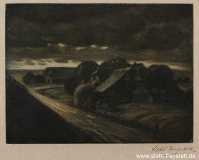 WV-Nr. 418, Unbekannter Ort, Siedlung hinter dem Deich, 1900-1919, Radierung, 20 cm x 15 cm, Privatbesitz